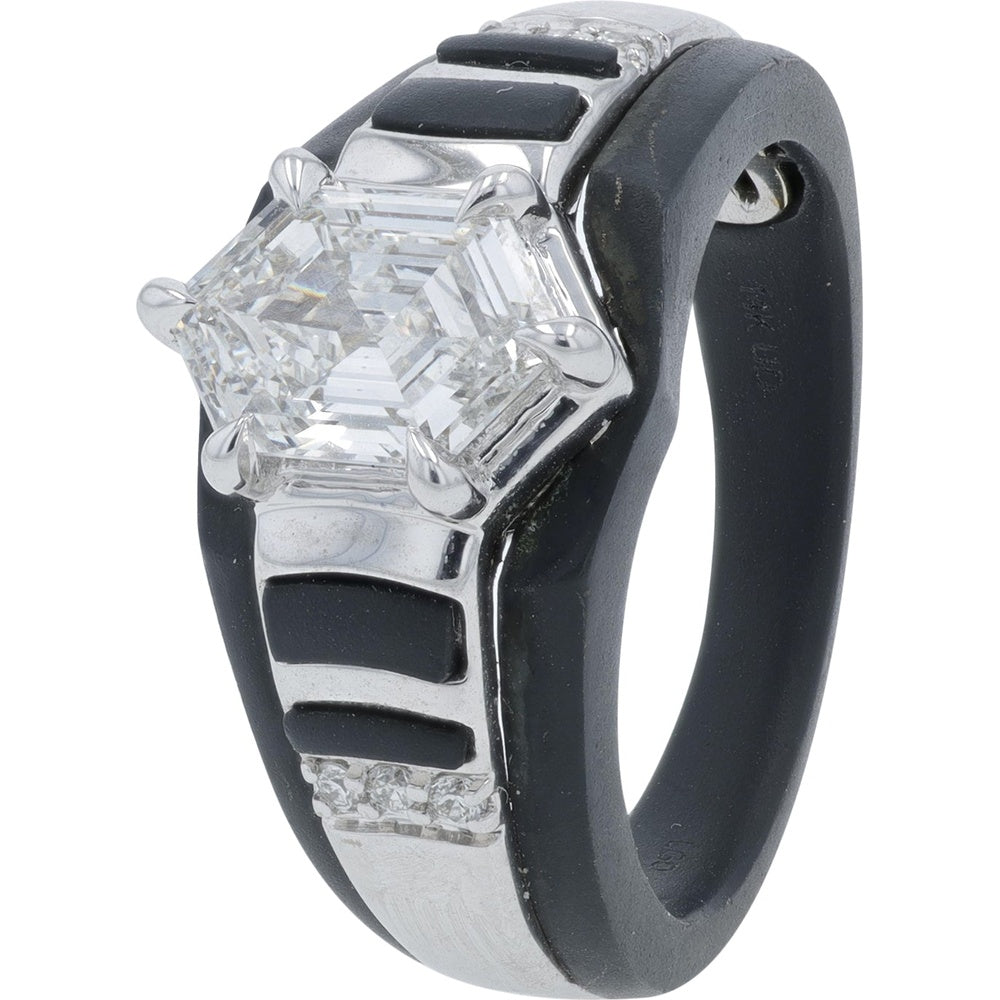 14K White Gold Geometric Ring with Lab-Grown Diamond Cluster and Black Enamel Accents - 1.60 Carat Total Diamond Weight