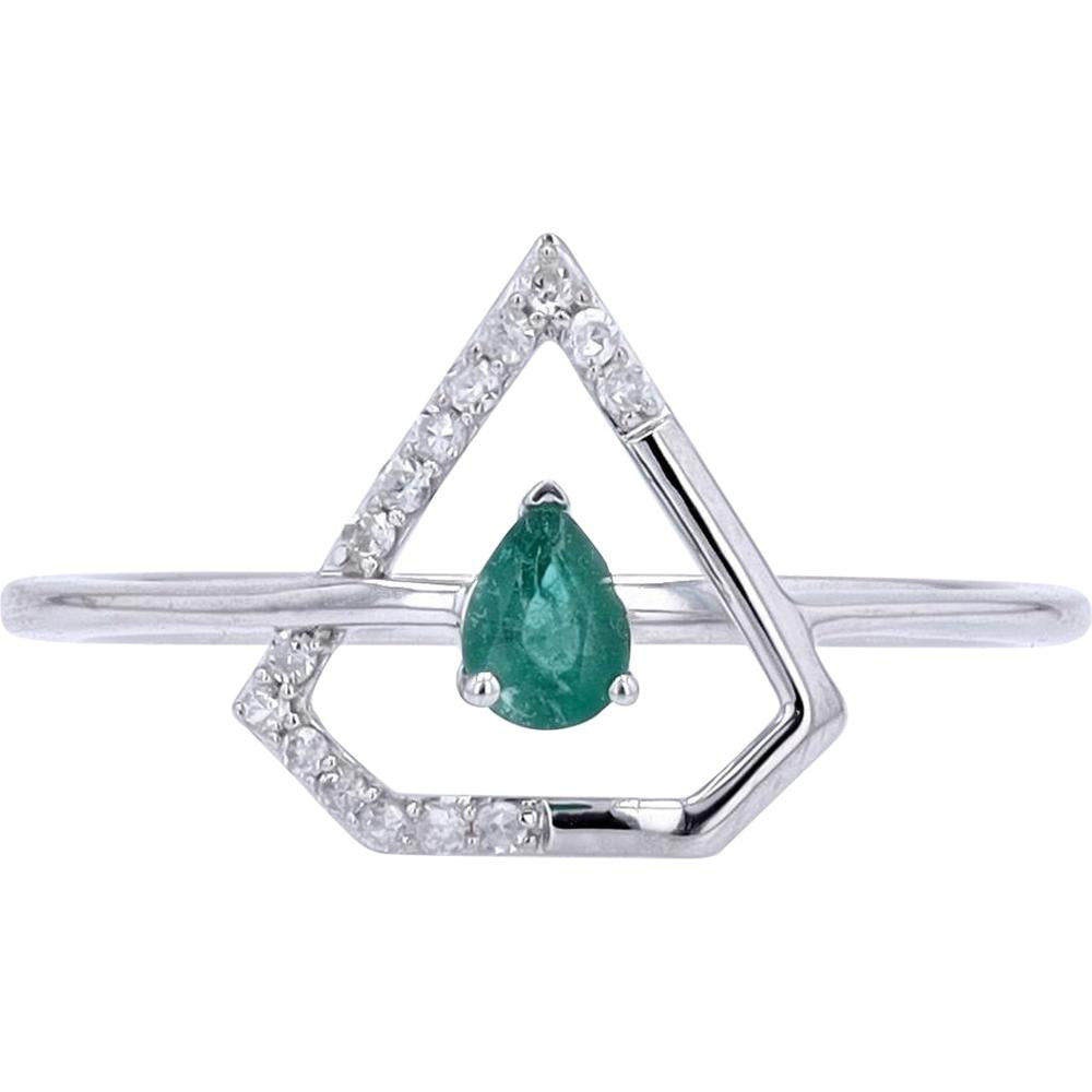 14K White Gold Geometric Ring with Pear-Shaped Emerald and Round Diamond Accents - 0.20 Carats Total Gemstone Weight
