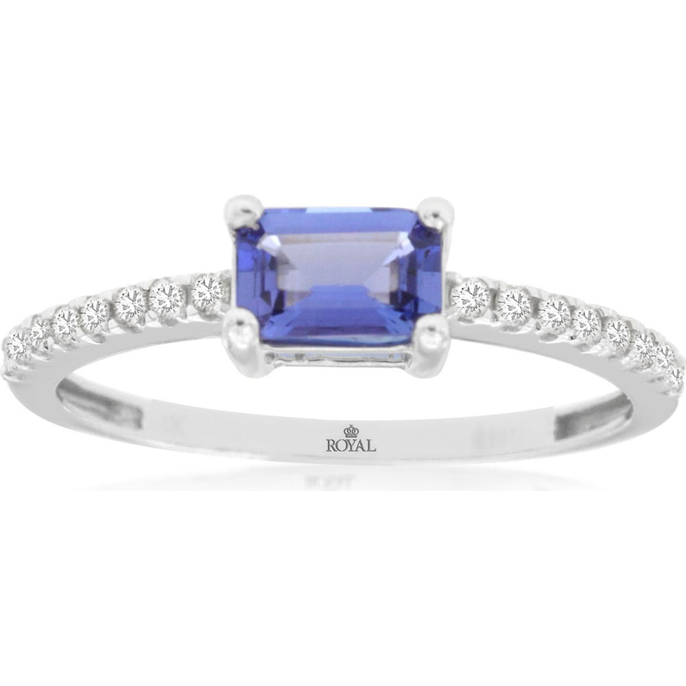 14K White Gold Geometric Ring with Step-Cut Tanzanite and Pavé-Set Round Diamonds - 0.60 Carat Tanzanite and 0.14 Carat Total Diamond Weight - Royal Jewelry