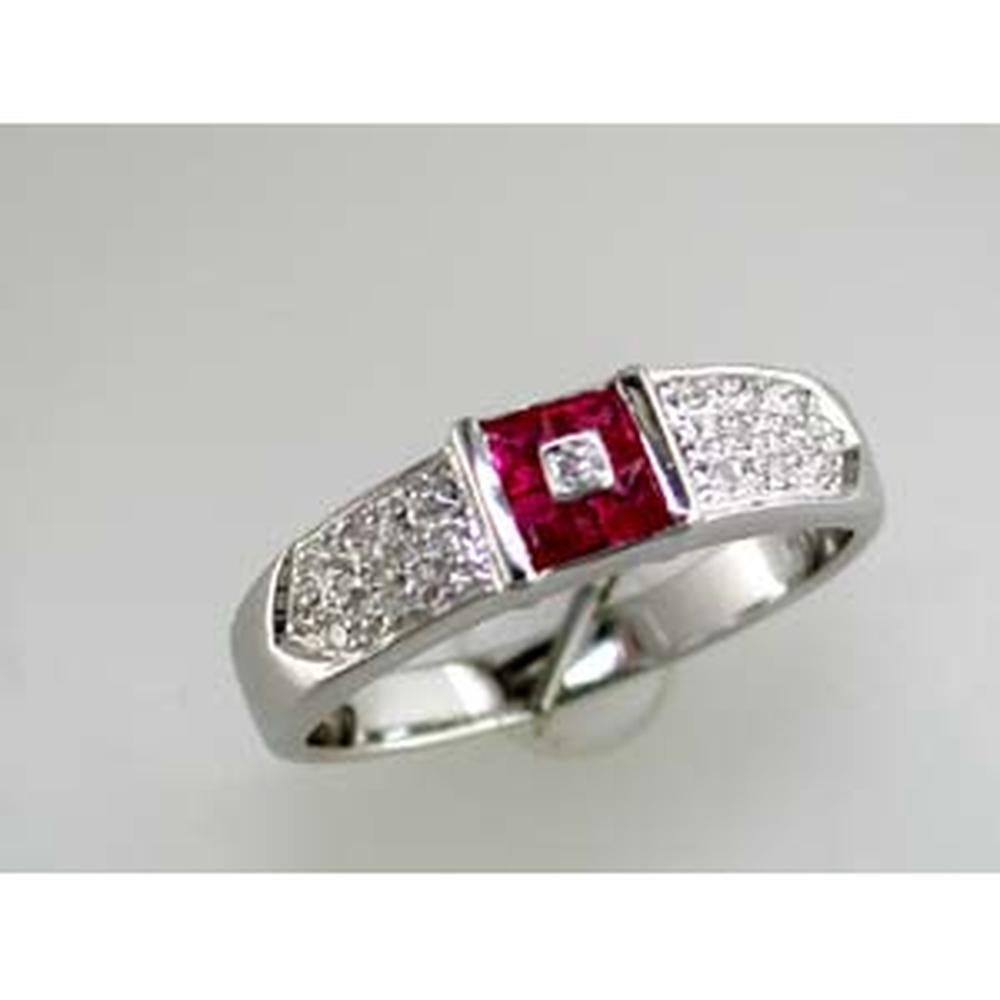 14K White Gold Geometric Ruby and Diamond Ring with Princess Cut Center and Pavé-Set Round Diamonds - 0.40 Carat Total Gem Weight - Royal Jewelry