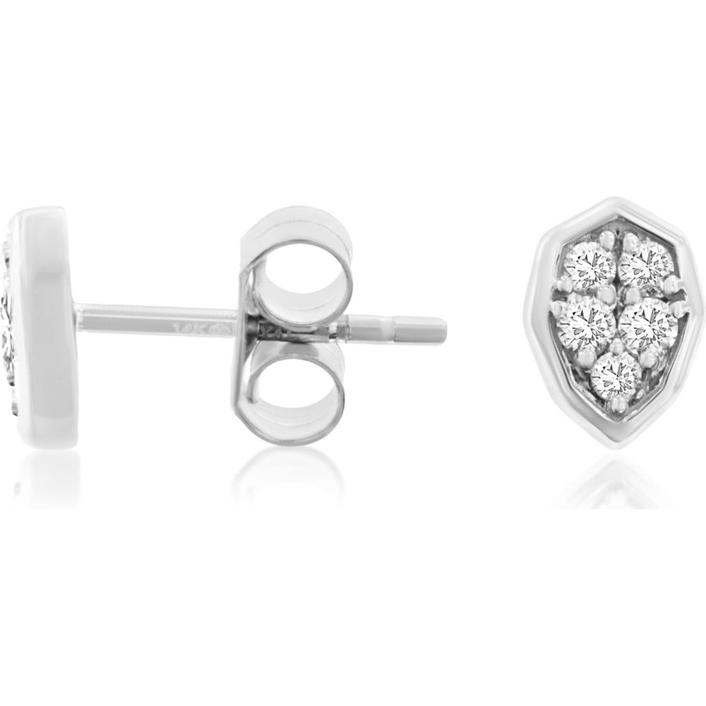 14K White Gold Geometric Shield Cluster Diamond Stud Earrings - 0.19 Carat Total Diamond Weight - Royal Jewelry