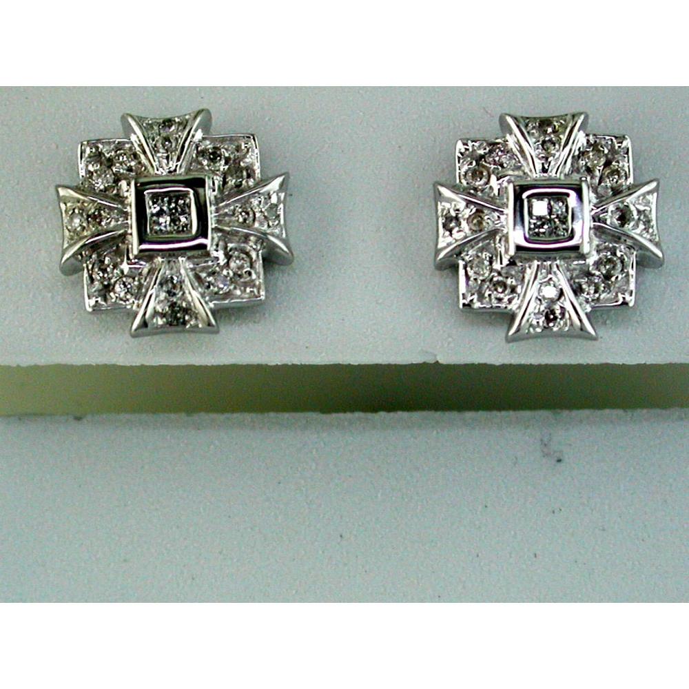 14K White Gold Geometric Square Motif Diamond Stud Earrings - 0.23 Total Carat Weight Round Diamonds with Vintage Milgrain Detail - Royal Jewelry