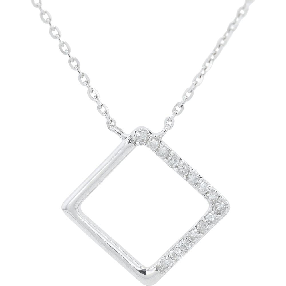 14K White Gold Geometric Square Pendant Necklace with Diamond Accents - 0.08 Carat Total Diamond Weight