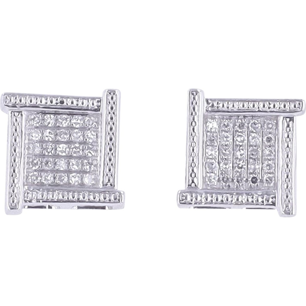 14K White Gold Geometric Square Stud Earrings with Milgrain Detail and Round Diamonds - 0.13 Carat Total Diamond Weight