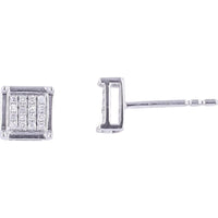 14K White Gold Geometric Square Stud Earrings with Milgrain Detail and Round Diamonds - 0.13 Carat Total Diamond Weight