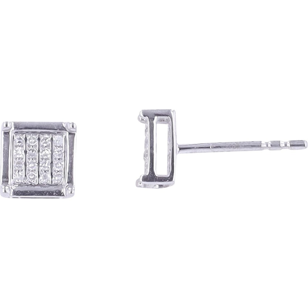 14K White Gold Geometric Square Stud Earrings with Milgrain Detail and Round Diamonds - 0.13 Carat Total Diamond Weight