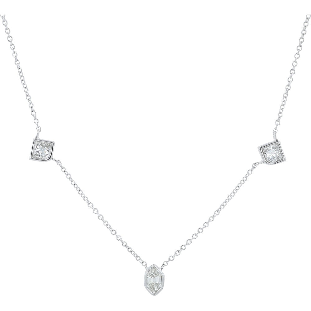 14K White Gold Geometric Station Necklace with Bezel-Set Hexagon and Square Diamonds - 0.50 Carat Total Diamond Weight
