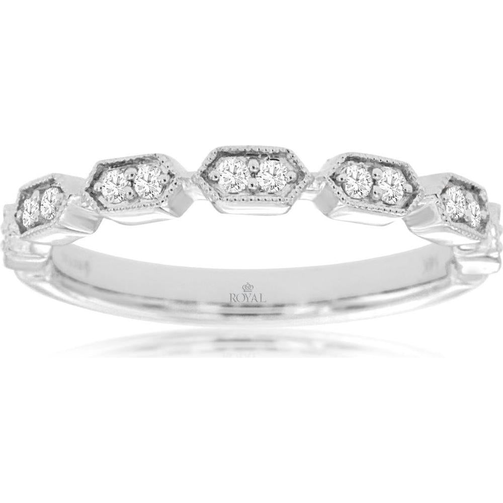 14K White Gold Geometric Station Wedding Band with Hexagonal Milgrain Frames and Round Brilliant Cut Diamonds - 0.17 Carat Total Diamond Weight - Royal Jewelry