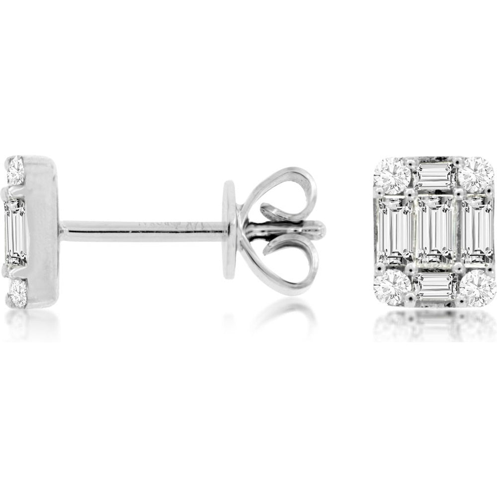 14K White Gold Geometric Stud Earrings with Baguette and Round Diamonds - 0.44 Carat Total Diamond Weight - Royal Jewelry