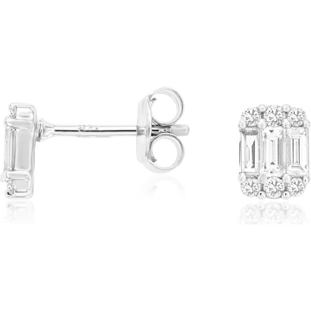 14K White Gold Geometric Stud Earrings with Baguette and Round Diamonds - 0.45 Carat Total Diamond Weight - Royal Jewelry