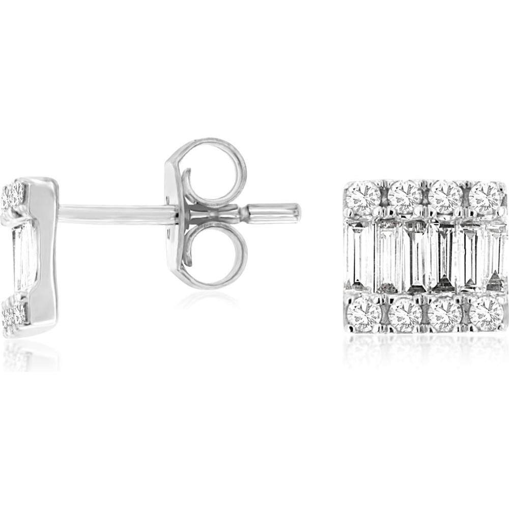 14K White Gold Geometric Stud Earrings with Baguette and Round Diamonds - 0.50 Carat Total Diamond Weight - Royal Jewelry