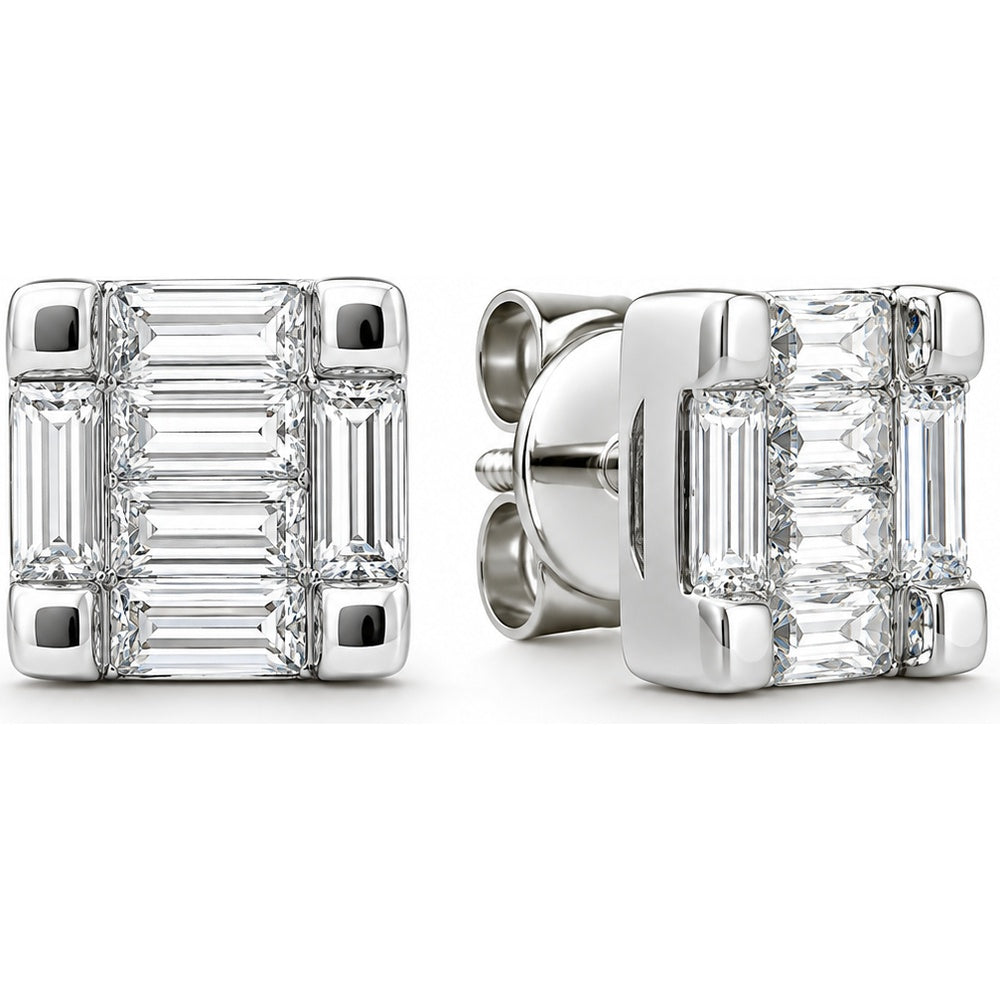 14K White Gold Geometric Stud Earrings with Baguette Cut Diamonds - 0.84 Carat Total Diamond Weight by Auriventus