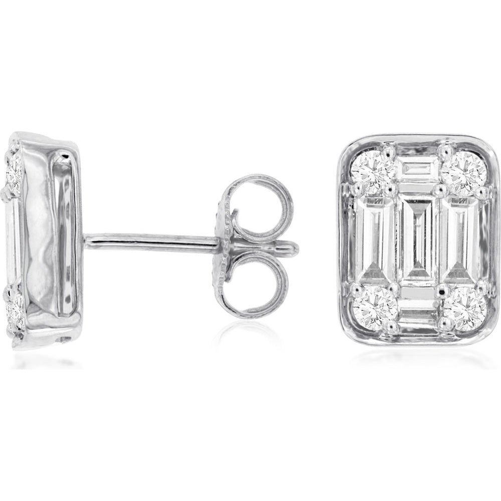 14K White Gold Geometric Stud Earrings with Composite Baguette and Round Diamonds - 0.32 Carat Total Diamond Weight - Royal Jewelry