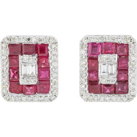 14K White Gold Geometric Stud Earrings with Square Rubies and Baguette Diamond Center - 1.85 Carat Total Ruby Weight and 0.35 Carat Diamond Accents