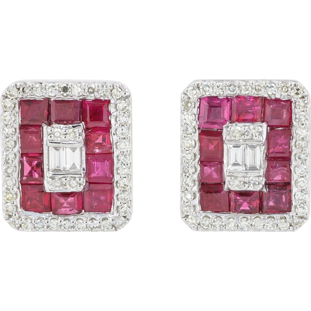 14K White Gold Geometric Stud Earrings with Square Rubies and Baguette Diamond Center - 1.85 Carat Total Ruby Weight and 0.35 Carat Diamond Accents