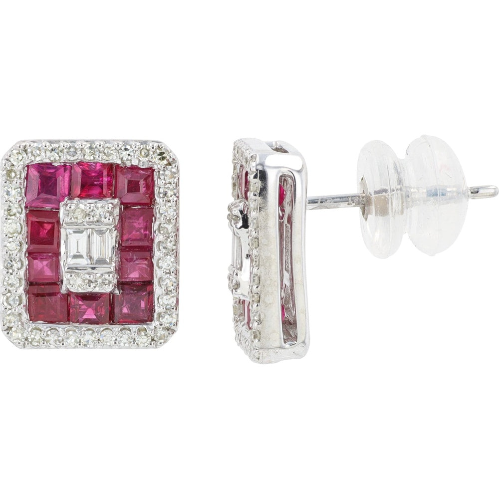 14K White Gold Geometric Stud Earrings with Square Rubies and Baguette Diamond Center - 1.85 Carat Total Ruby Weight and 0.35 Carat Diamond Accents