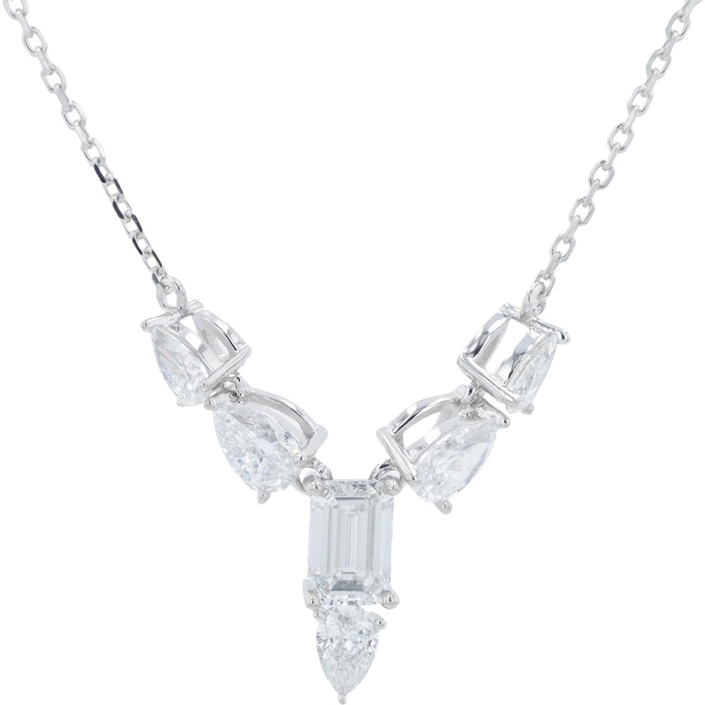 14K White Gold Geometric V-Shape Necklace with Emerald and Pear Cut Lab-Grown Diamonds - 1.00 Carat Total Diamond Weight