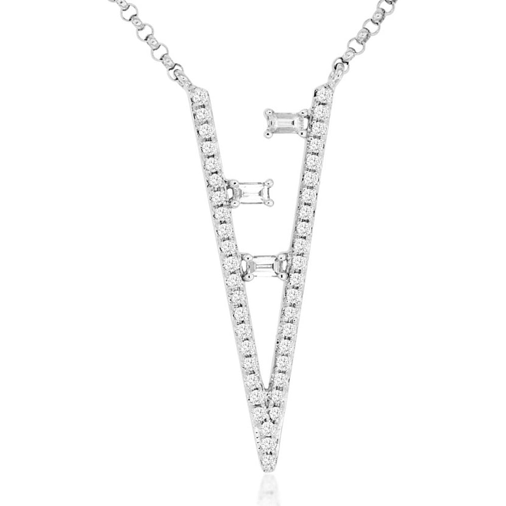 14K White Gold Geometric V-Shape Pendant Necklace with Round and Horizontal Baguette Diamonds - 0.12 Carat Total Round Diamond Weight and 0.06 Carat Baguette Diamond Weight - Royal Jewelry