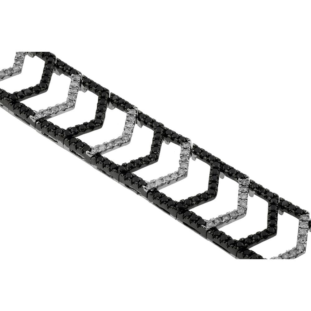 14K White Gold Geometric Zigzag Link Bracelet with 1.00 Carat Round White Diamonds and 2.50 Carat Round Black Diamonds - Royal Jewelry