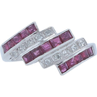 14K White Gold Geometric Zigzag Ring with Channel-Set Square Rubies and Diamond Accents - 0.84 Carat Total Ruby Weight and 0.10 Carat Total Diamond Weight