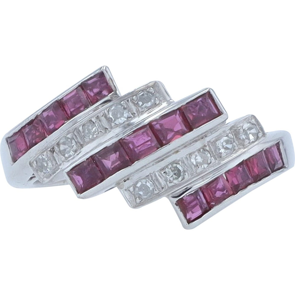 14K White Gold Geometric Zigzag Ring with Channel-Set Square Rubies and Diamond Accents - 0.84 Carat Total Ruby Weight and 0.10 Carat Total Diamond Weight