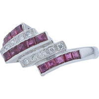 14K White Gold Geometric Zigzag Ring with Channel-Set Square Rubies and Diamond Accents - 0.84 Carat Total Ruby Weight and 0.10 Carat Total Diamond Weight