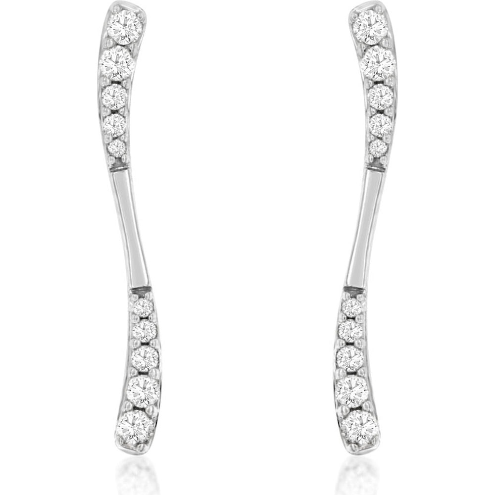 14K White Gold Graceful Curved Drop Earrings with Prong-Set Round Diamonds - 0.25 Carat Total Diamond Weight - Royal Jewelry