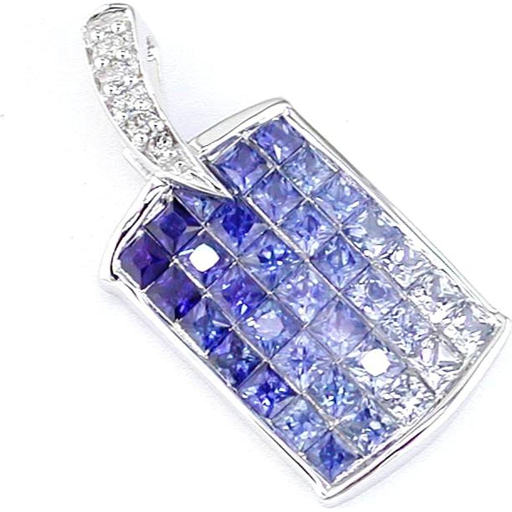 14K White Gold Gradient Ombre Pendant with Princess Cut Sapphires and Round Diamond Bail - 2.03 Carat Total Gem Weight - Royal Jewelry