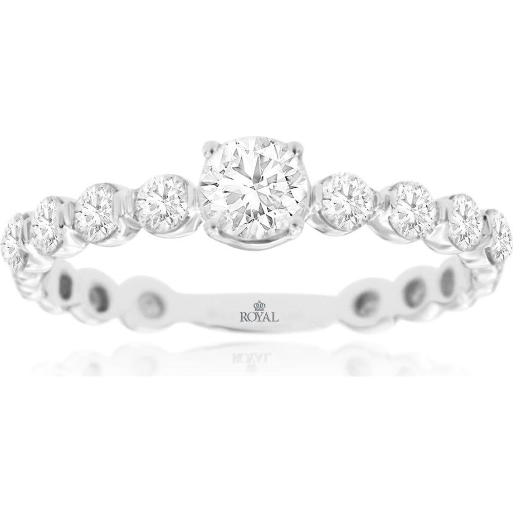 14K White Gold Graduated Diamond Engagement Ring with Round Brilliant Center Stone - 0.74 Carat Total Diamond Weight - Royal Jewelry