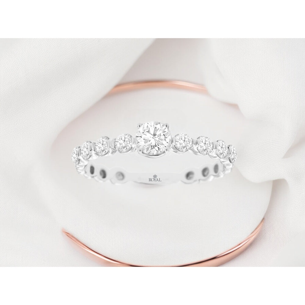 14K White Gold Graduated Diamond Engagement Ring with Round Brilliant Center Stone - 0.74 Carat Total Diamond Weight - Royal Jewelry