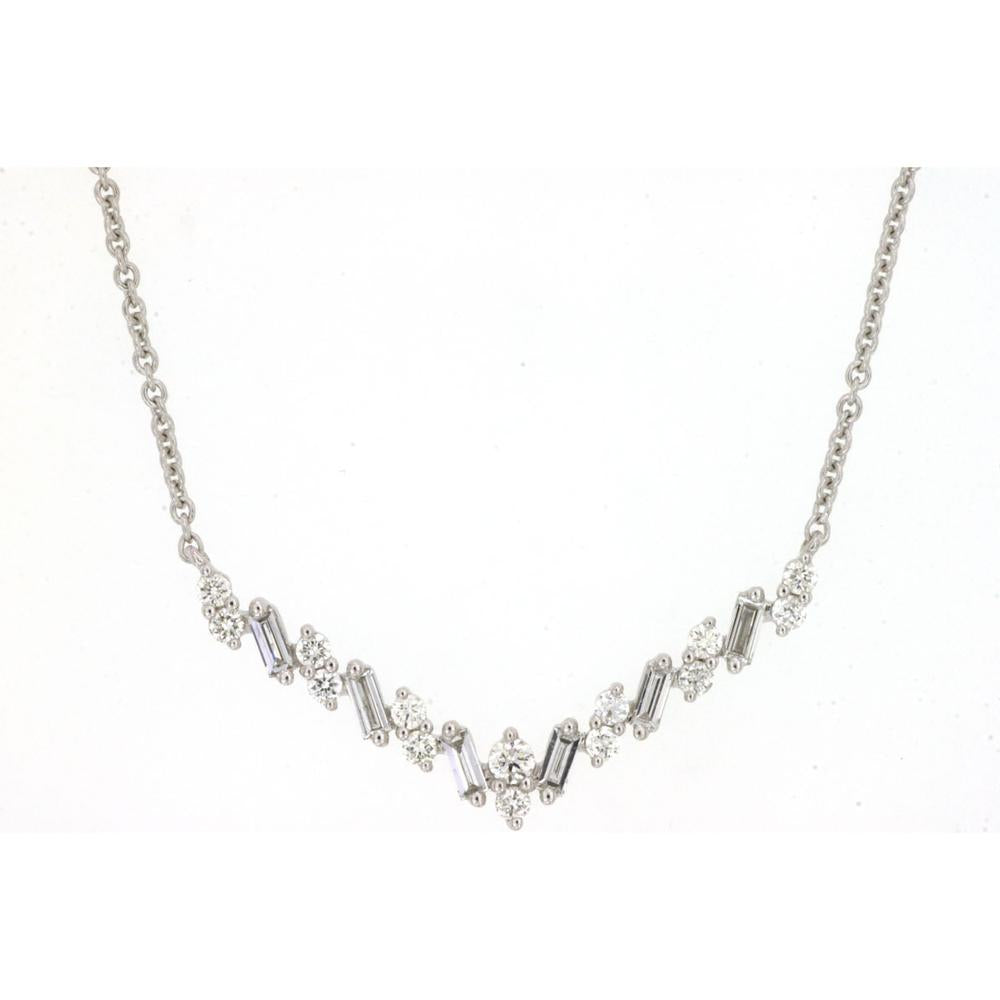 14K White Gold Graduated Diamond Necklace with Alternating Round and Baguette Diamonds - 0.34 Carat Total Diamond Weight - Royal Jewelry