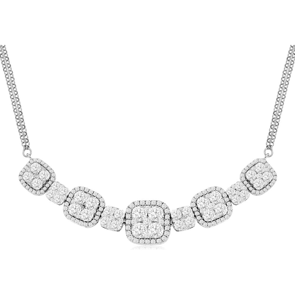 14K White Gold Graduated Diamond Station Necklace with Cushion Halo Clusters - 2.50 Carat Total Diamond Weight - Royal Jewelry
