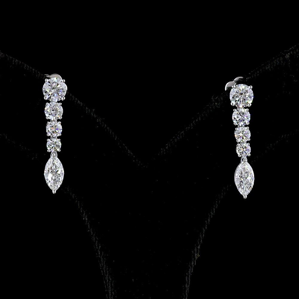 14K White Gold Graduated Drop Earrings with Round and Marquise Cut Lab Diamonds - 2.96 Carats Total Diamond Weight - Covaloro Fine Jewelry