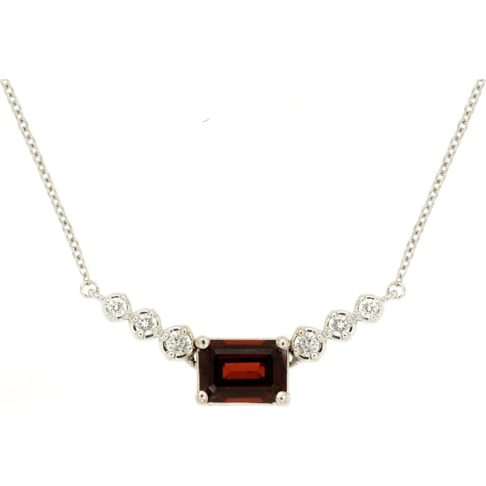 14K White Gold Graduated Garnet and Diamond Curved Bar Necklace with Milgrain Detail - 1.20 Carat Garnet, 0.14 Carat Total Diamond Weight - Royal Jewelry