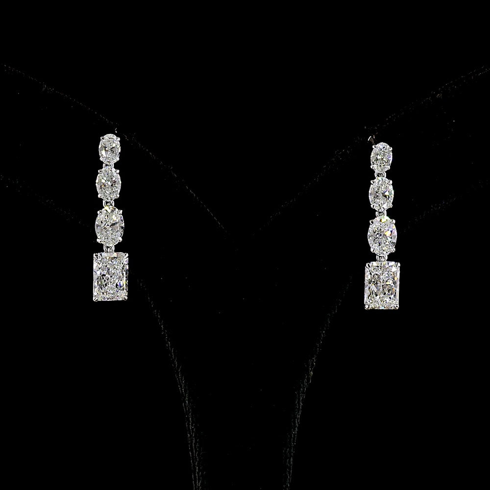 14K White Gold Graduated Hanging Earrings with Oval and Radiant Cut Lab Diamonds - 4.61 Carat Total Diamond Weight - Covaloro Fine Jewelry