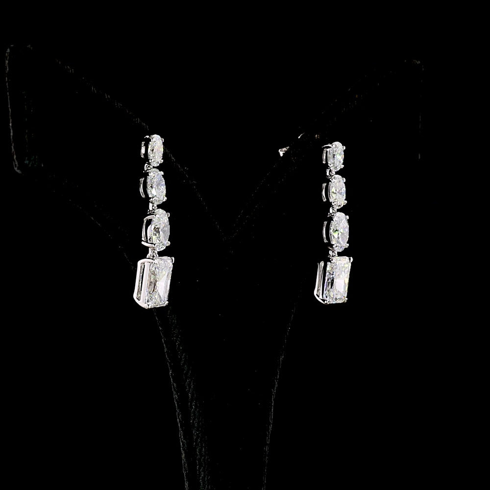 14K White Gold Graduated Hanging Earrings with Oval and Radiant Cut Lab Diamonds - 4.61 Carat Total Diamond Weight - Covaloro Fine Jewelry