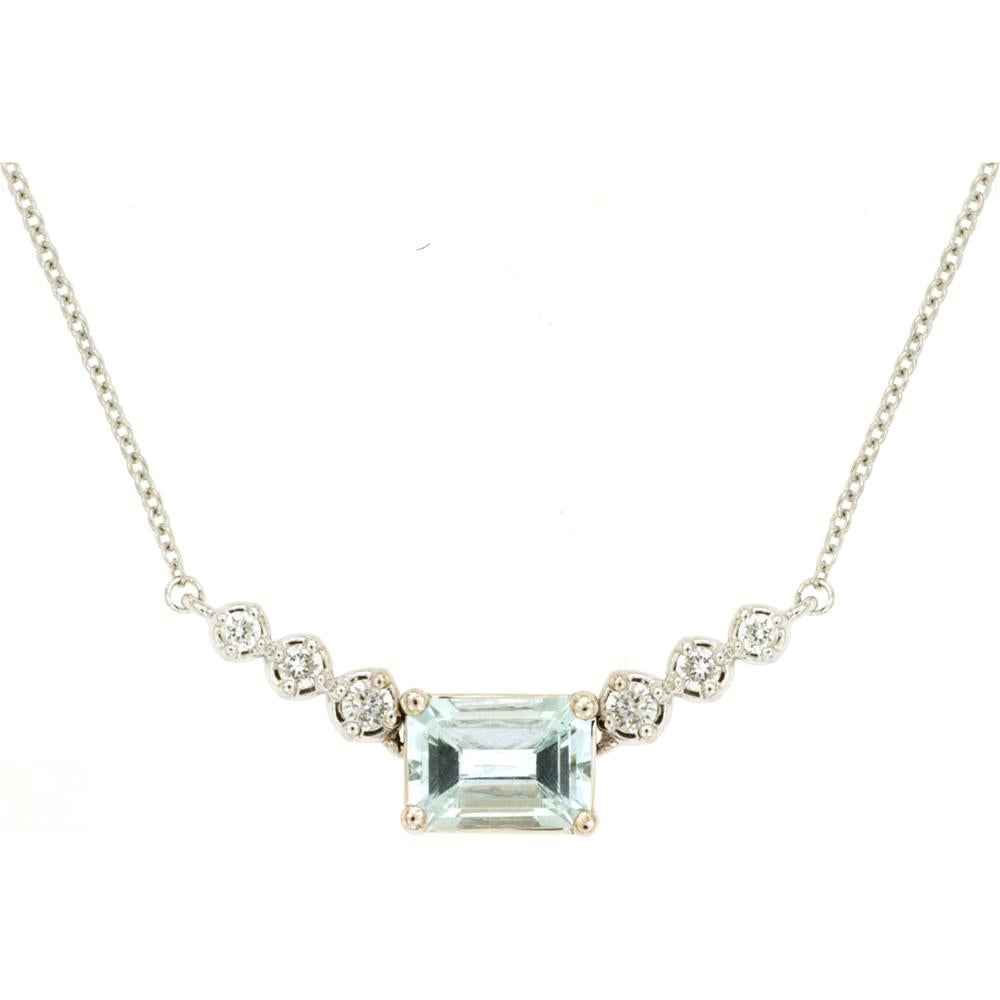 14K White Gold Graduated Milgrain Necklace with 0.87 Carat Step-Cut Aquamarine and 0.14 Carat Bezel-Set Diamond Accents - Royal Jewelry