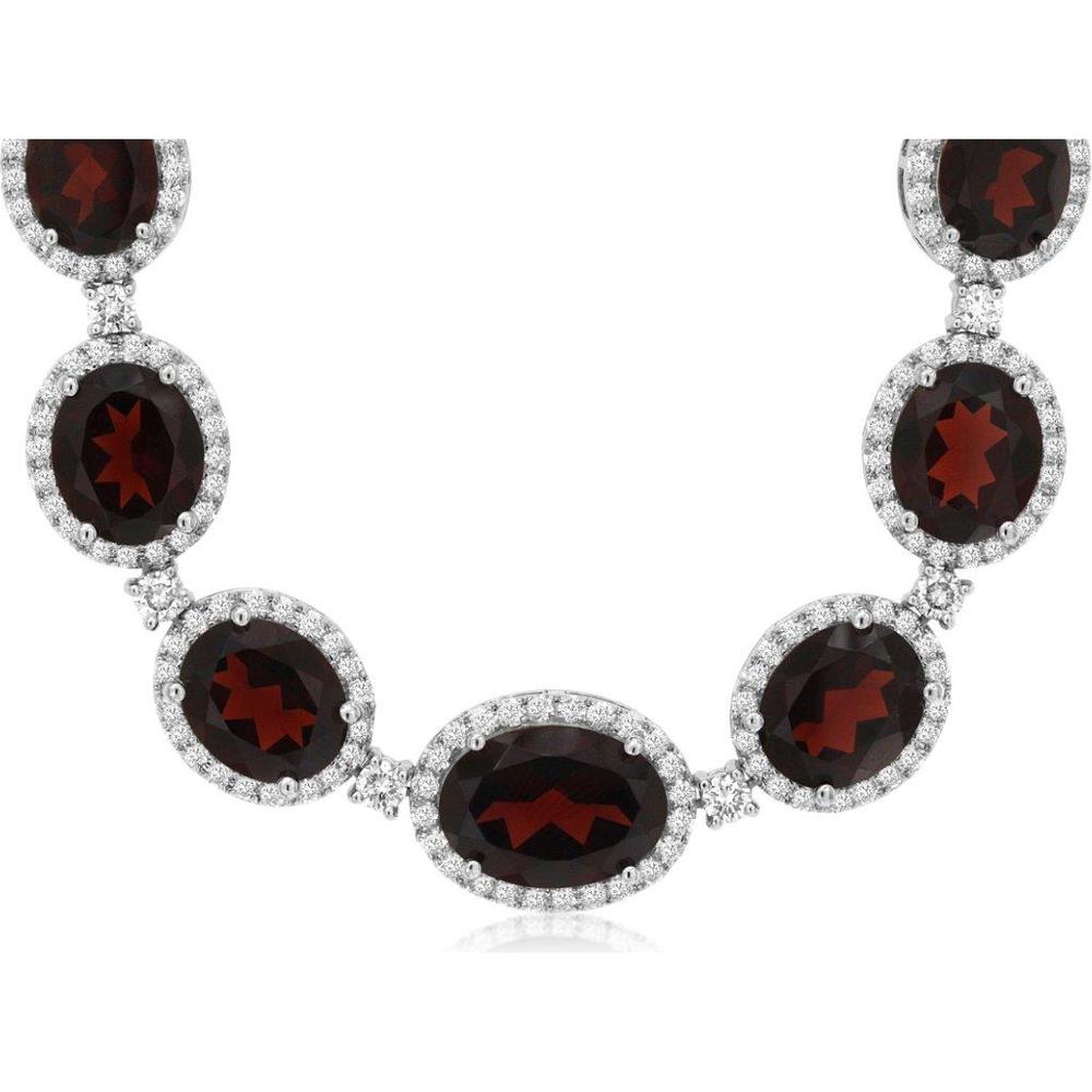 14K White Gold Graduated Oval Garnet and Diamond Halo Necklace - 60 Carat Garnet Total Weight, 10 Carat Diamond Total Weight - Royal Jewelry