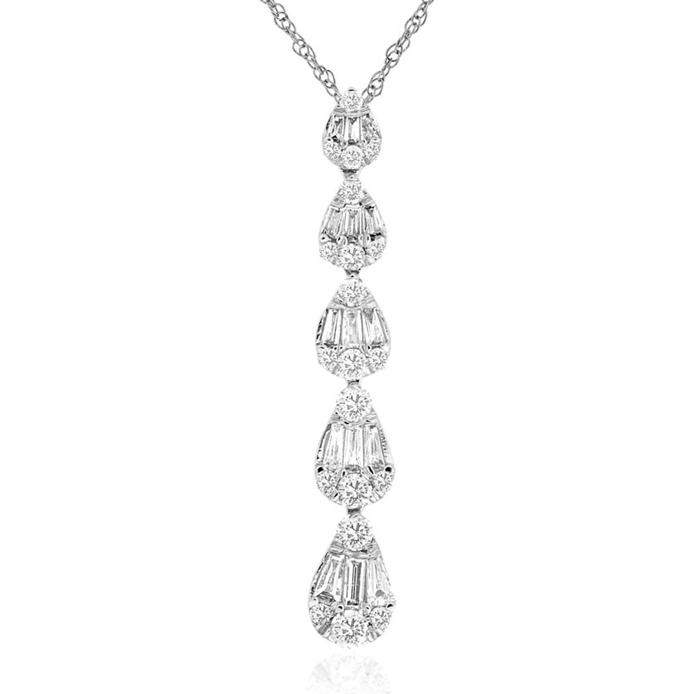 14K White Gold Graduated Pear-Shape Drop Pendant with Baguette and Round Diamonds - 0.60 Carat Total Diamond Weight - Royal Jewelry