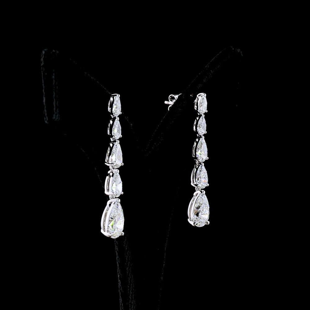14K White Gold Graduated Pear Shape Lab Diamond Drop Earrings with Prong Setting - 6.15 Carat Total Diamond Weight - Covaloro Fine Jewelry