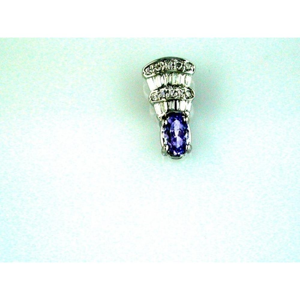 14K White Gold Graduated Pendant with Oval Tanzanite and Baguette and Round Diamonds - 0.22 Carat Tanzanite and 0.15 Carat Diamond Total Weight - Royal Jewelry