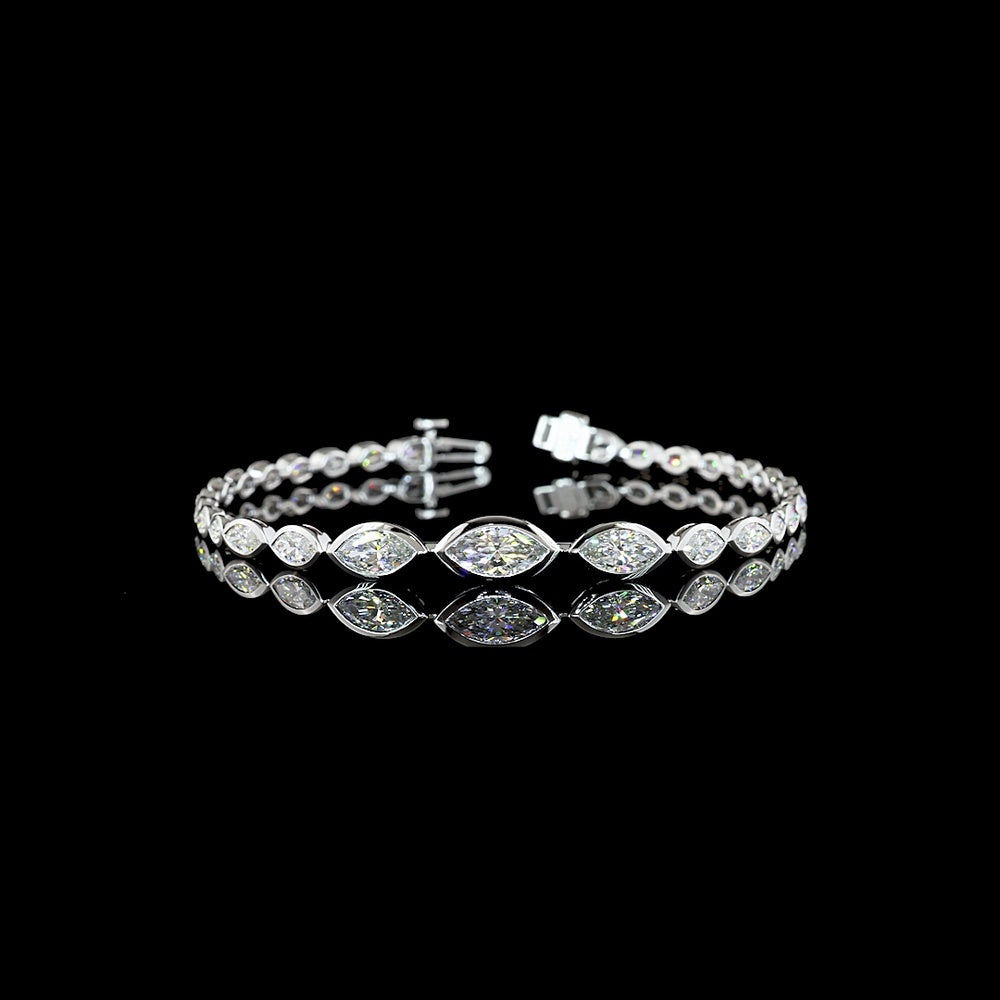 14K White Gold Graduated Riviera Bracelet with Bezel Set East-West Marquise Cut Lab Diamonds - 4.25 Carats Total Diamond Weight - Covaloro Fine Jewelry