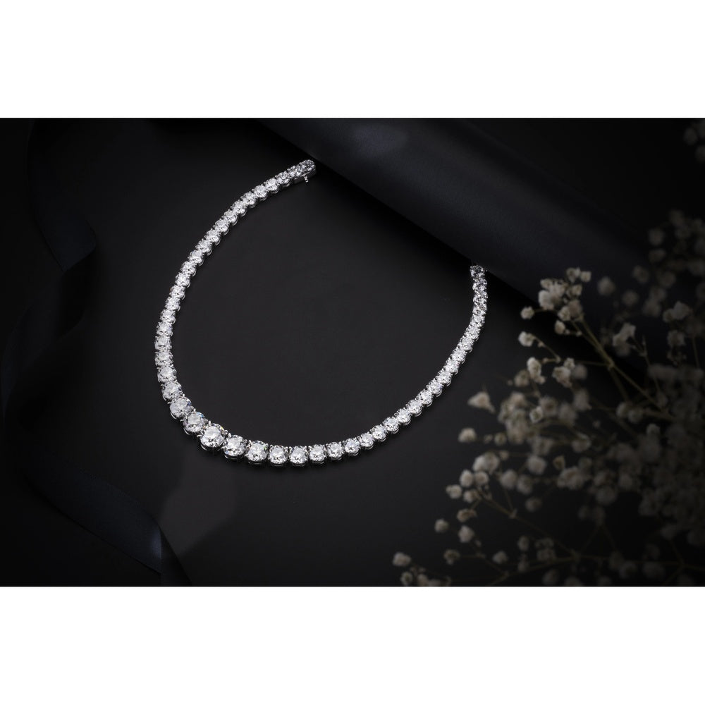 14K White Gold Graduated Riviera Necklace with 49 Old European Cut Lab Diamonds - 106.41 Carats Total Weight, Featuring a 7.17 Carat Center Stone - Covaloro Fine Jewelry