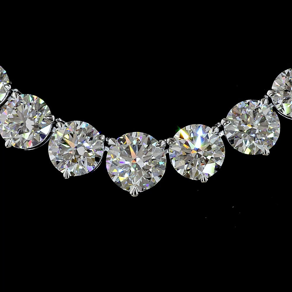 14K White Gold Graduated Riviera Necklace with 88 Round Brilliant Cut Lab Diamonds - 40.29 Carat Total Diamond Weight, E-F VS1 Clarity - Covaloro Fine Jewelry