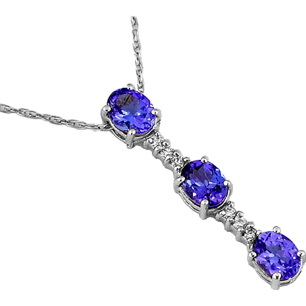 14K White Gold Graduated Three-Stone Drop Pendant with Oval Cut Tanzanites and Round Diamond Accents - 1.06 Total Carat Weight - Royal Jewelry