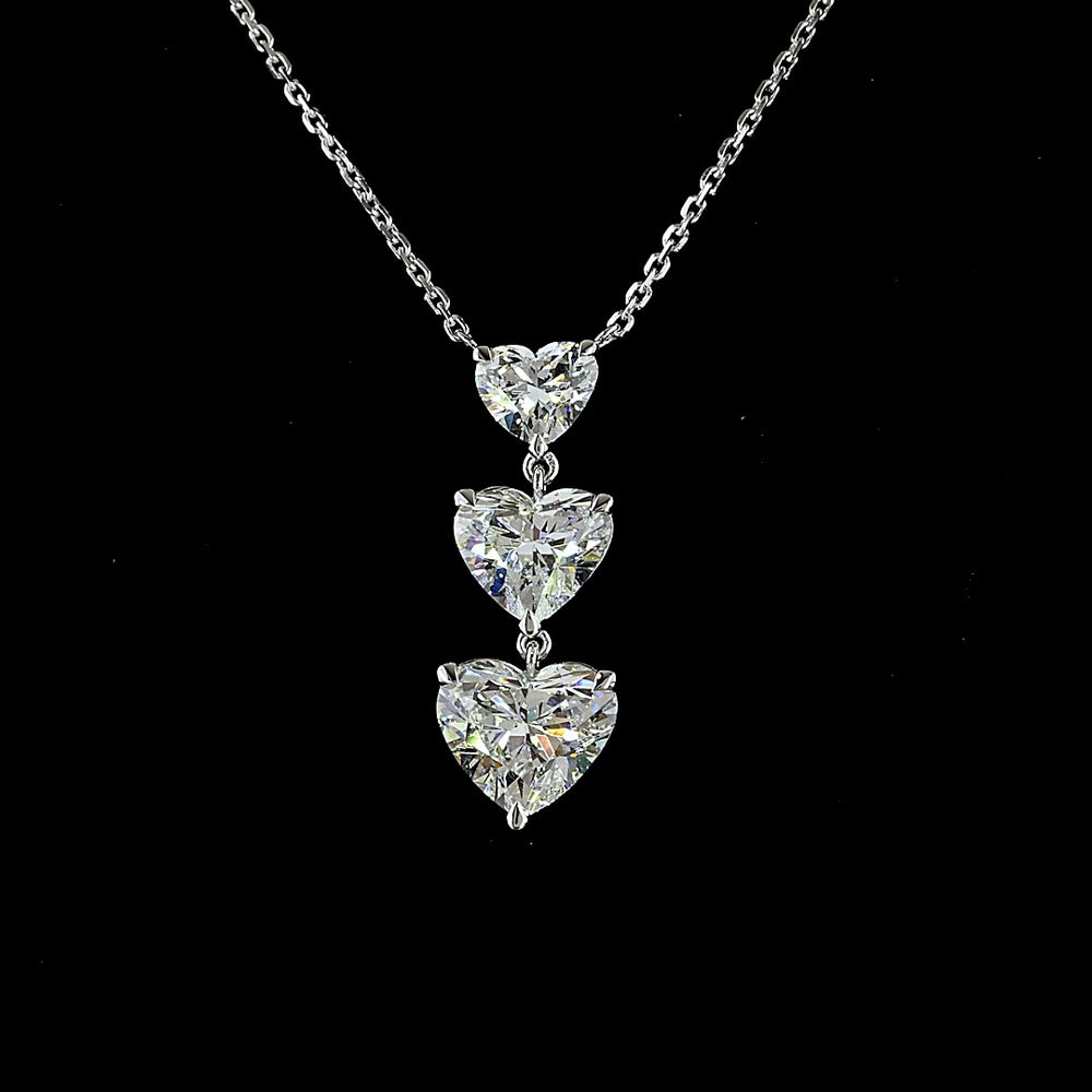 14K White Gold Graduated Three-Stone Heart Shaped Lab Diamond Pendant - 2.99 Carat Total Weight, E-VS1 Clarity - Covaloro Fine Jewelry