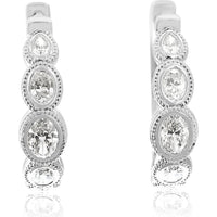 14K White Gold Graduating Diamond Hoop Earrings with Pear and Oval Bezel Set Milgrain Details - 1.45 Carat Total Diamond Weight - Royal Jewelry