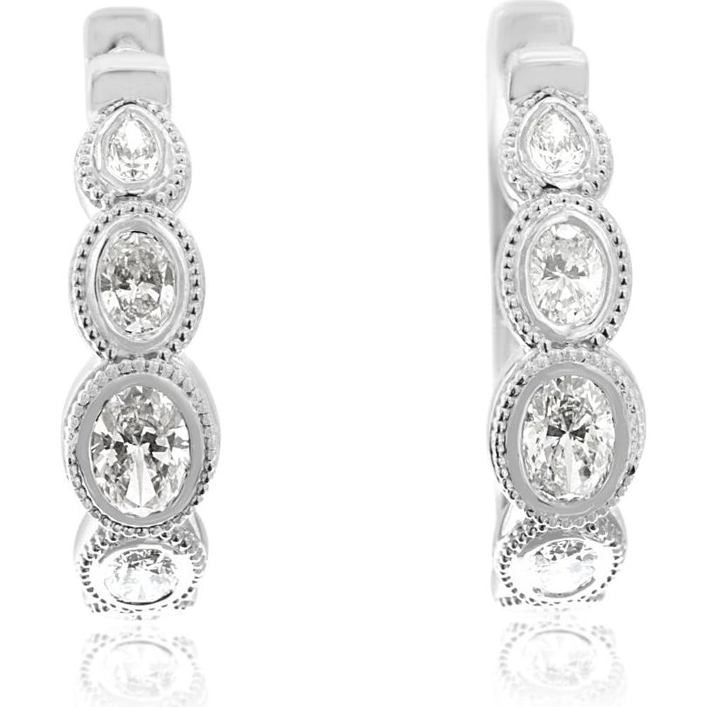 14K White Gold Graduating Diamond Hoop Earrings with Pear and Oval Bezel Set Milgrain Details - 1.45 Carat Total Diamond Weight - Royal Jewelry