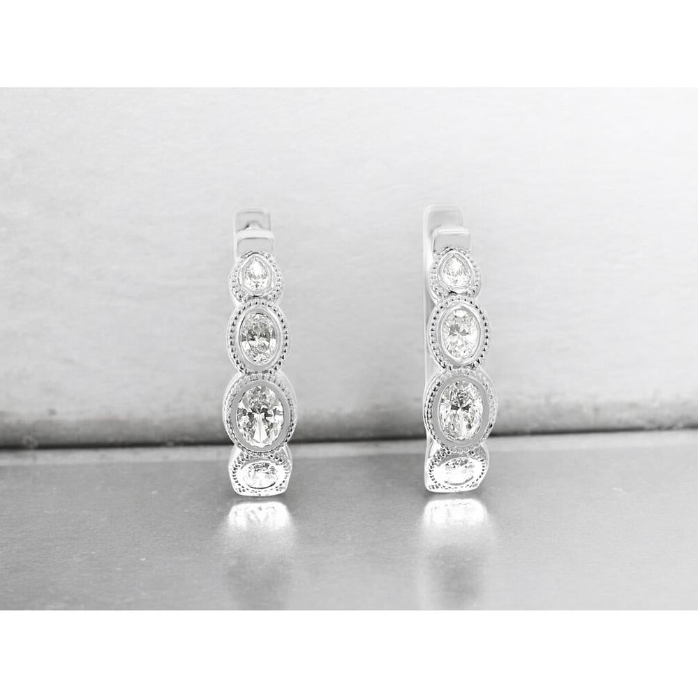 14K White Gold Graduating Diamond Hoop Earrings with Pear and Oval Bezel Set Milgrain Details - 1.45 Carat Total Diamond Weight - Royal Jewelry