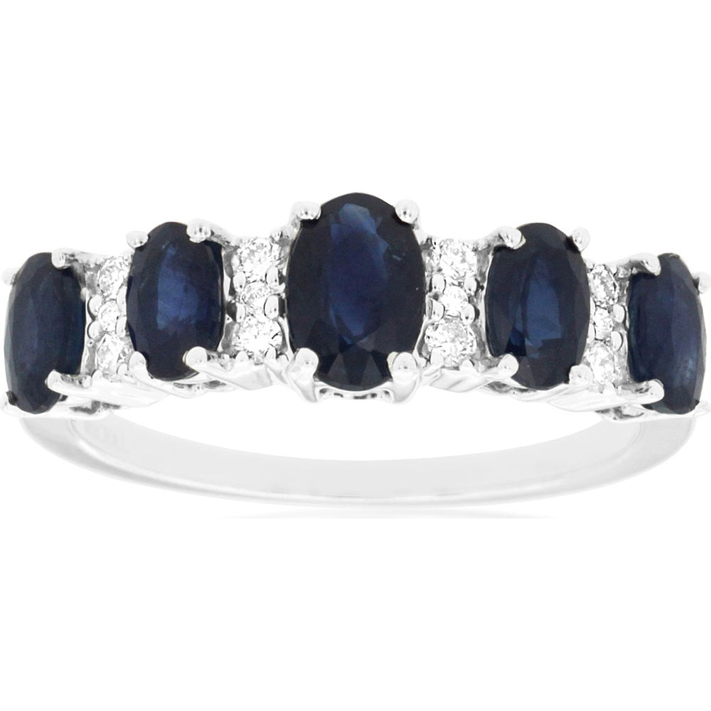 14K White Gold Graduating Five-Stone Oval Sapphire and Diamond Accent Ring - 2.00 Carat Sapphire Total Weight and 0.14 Carat Diamond Total Weight - Royal Jewelry